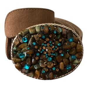 3G Buckles Camel Light Tan Suede Leather Belt 1.5" 28-31 Snap-On with Gemstone